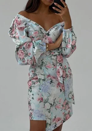 Rosell - Kopertowa sukienka w kwiatki Błękitna