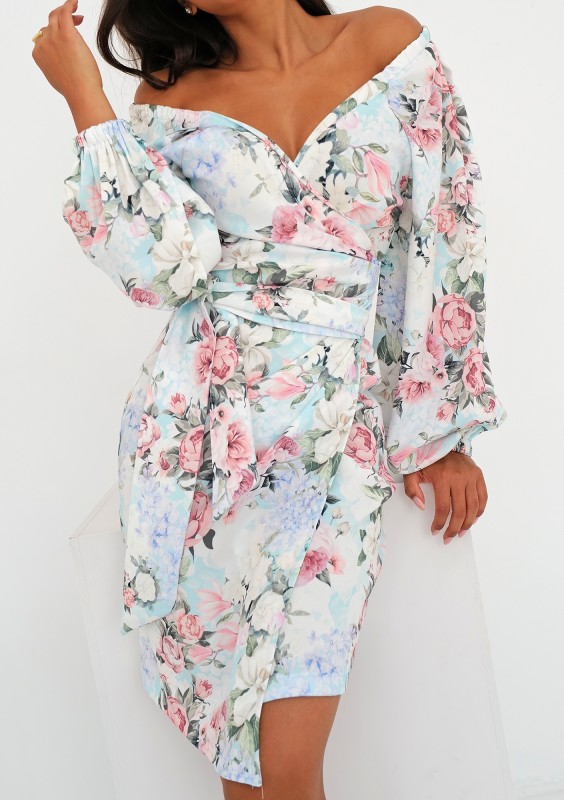 Rosell - Light blue floral printed wrap dress