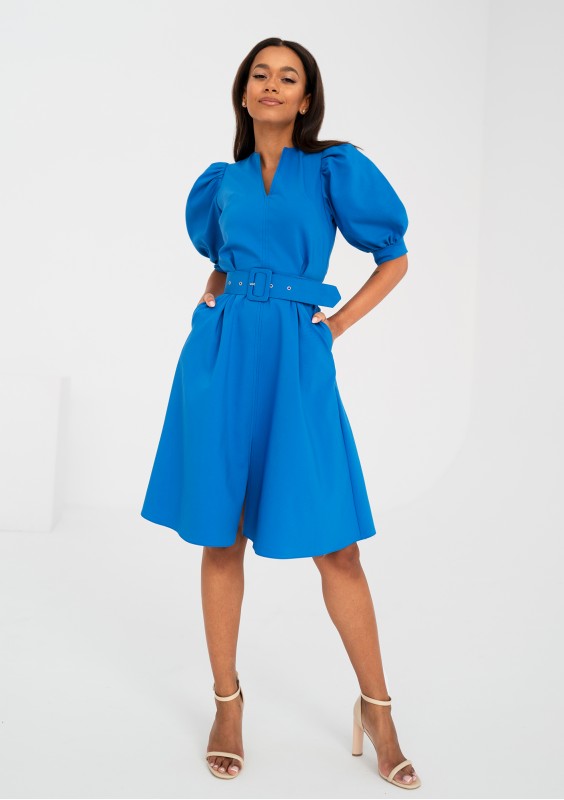 Lindy - Blue mid-length belted dress