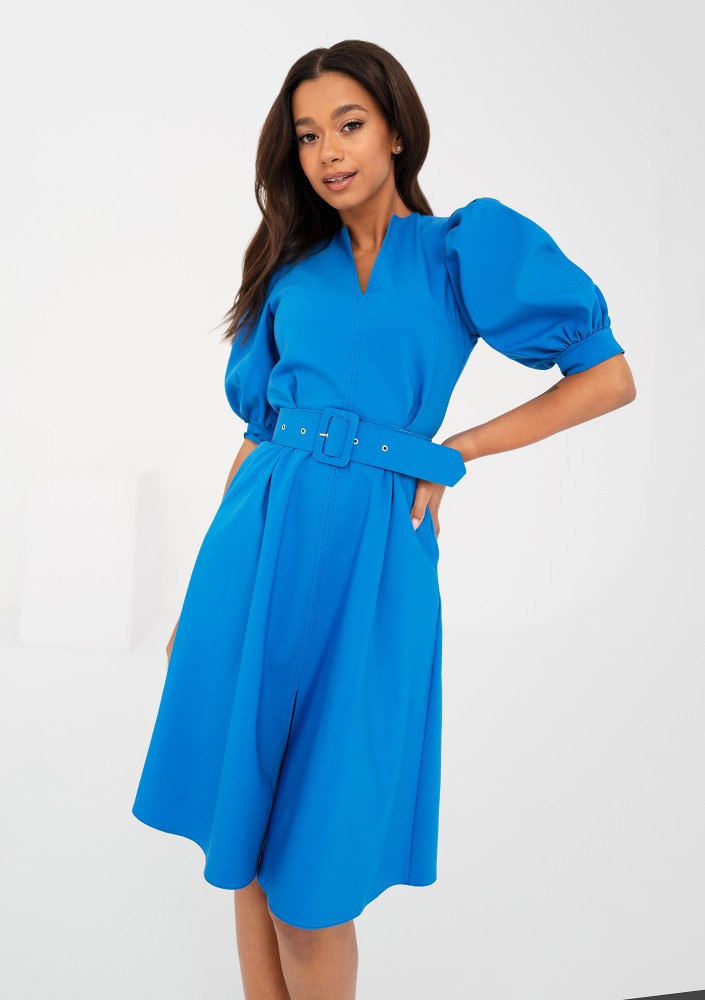 Lindy - Blue mid-length belted dress