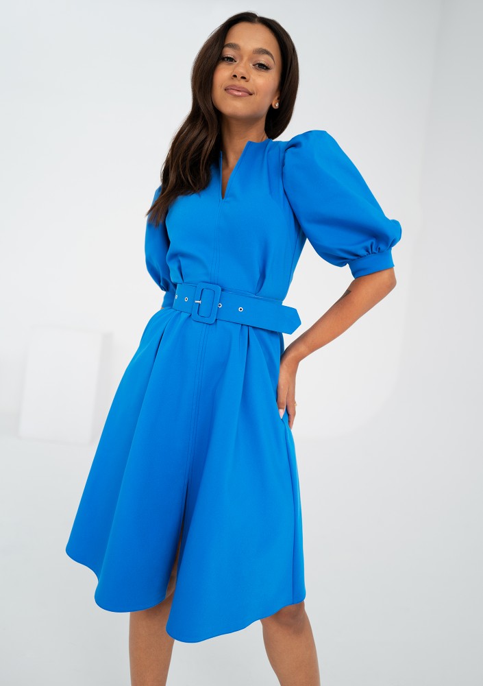 Lindy - Blue mid-length belted dress