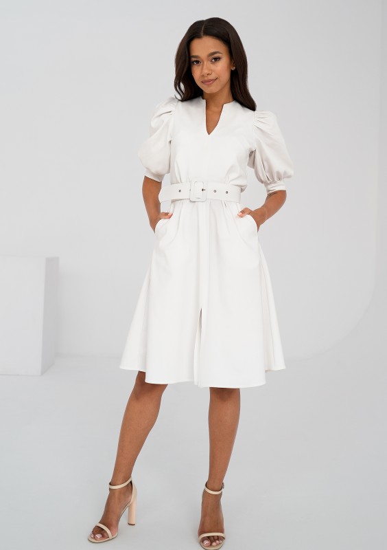 Lindy - Ecru mid-length belted dress