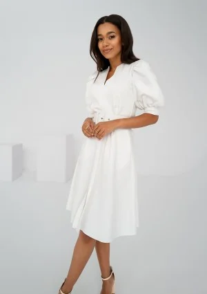 Lindy - Ecru mid-length belted dress