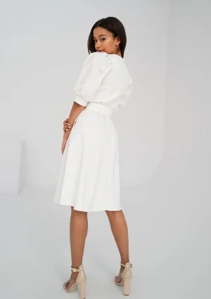 Lindy - Ecru mid-length belted dress