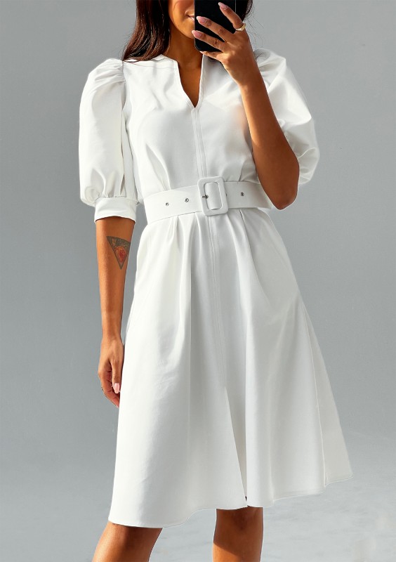 Lindy - Ecru mid-length belted dress