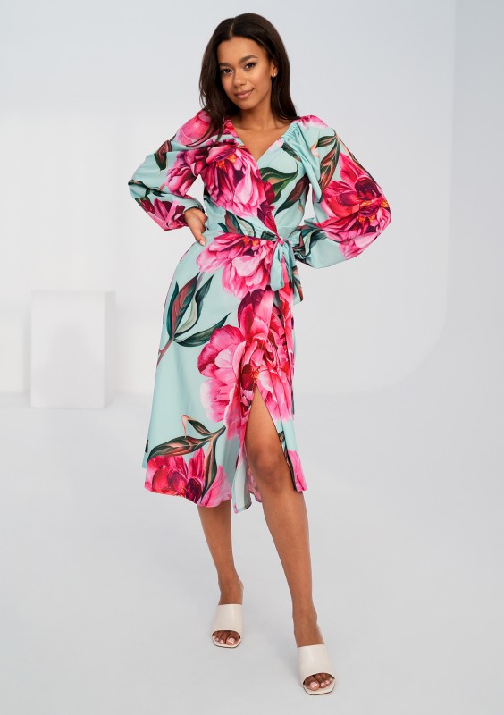 Blanche - Blue peony printed mid-length wrap dress