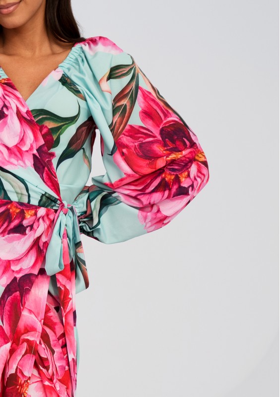 Blanche - Blue peony printed mid-length wrap dress