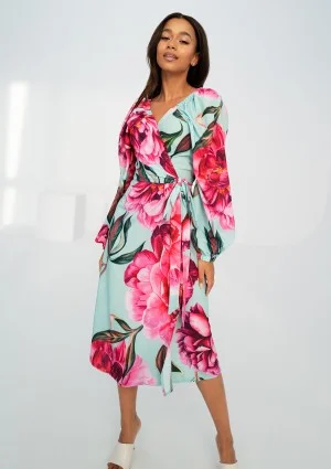 Blanche - Blue peony printed mid-length wrap dress
