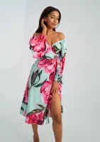 Blanche - Blue peony printed mid-length wrap dress