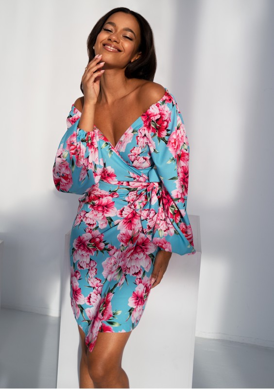 Rosell - Blue peony printed wrap dress