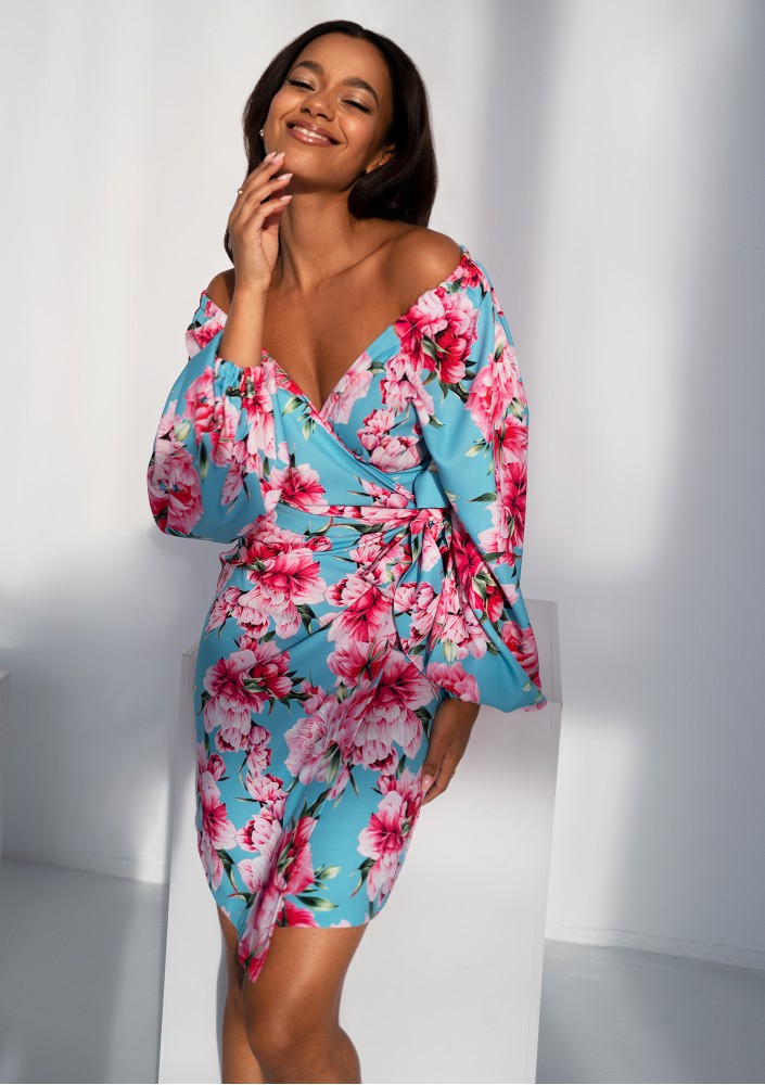 Rosell - Kopertowa sukienka w piwonie Niebieska