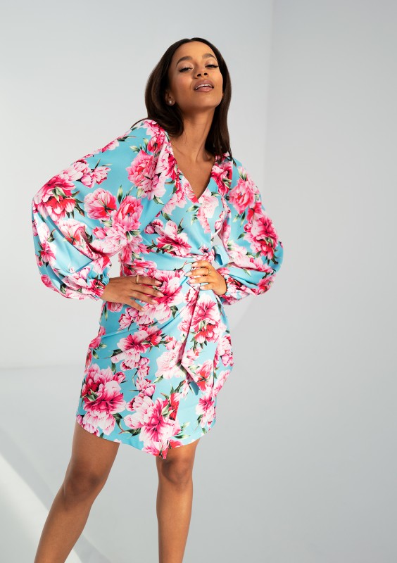 Rosell - Blue peony printed wrap dress