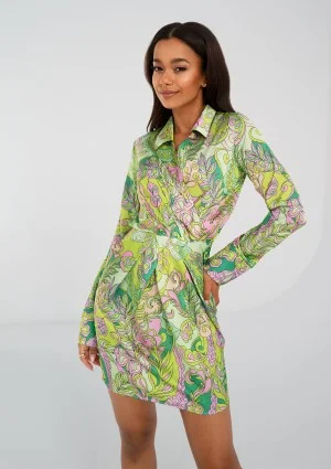 Nita - Green printed satin mini dress
