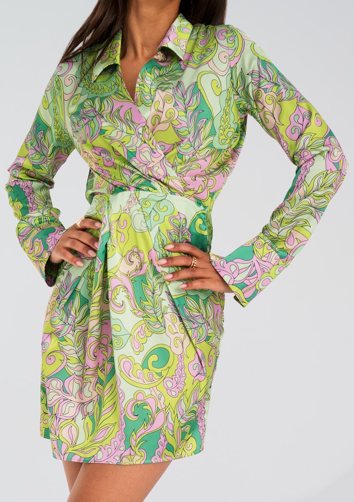 Nita - Green printed satin mini dress