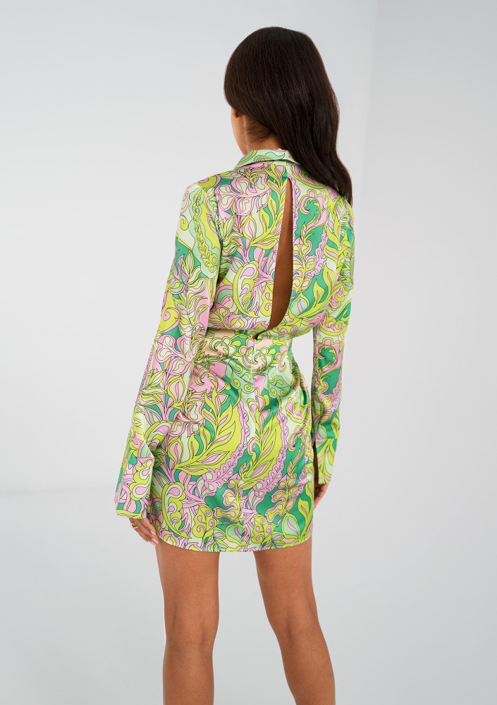 Nita - Green printed satin mini dress
