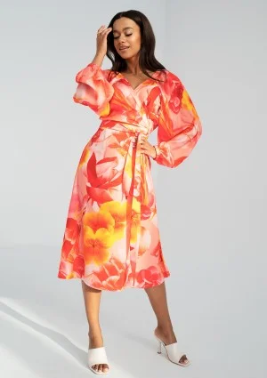 Blanche - Kopertowa sukienka midi Orange Flowers