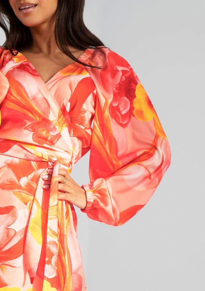 Blanche - Orange floral mid-length wrap dress