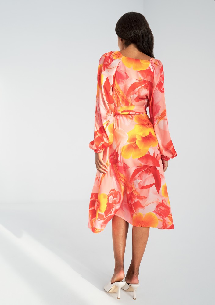 Blanche - Orange floral mid-length wrap dress