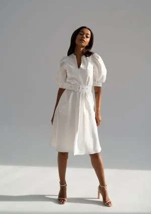 Lindy - Ecru mid-length belted dress