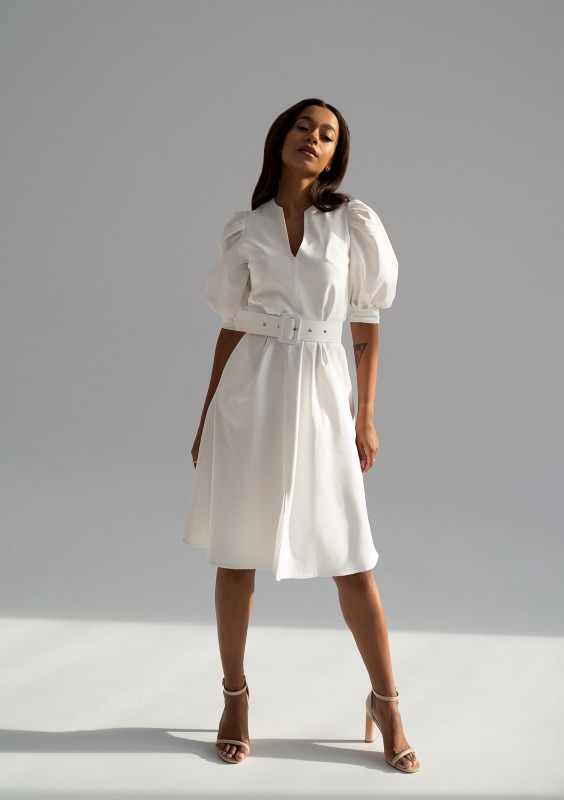 Lindy - Ecru mid-length belted dress