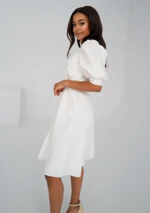Lindy - Ecru mid-length belted dress