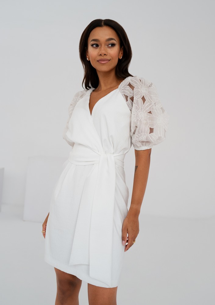 Ariela - Ecru coctail dress with openwork sleeves