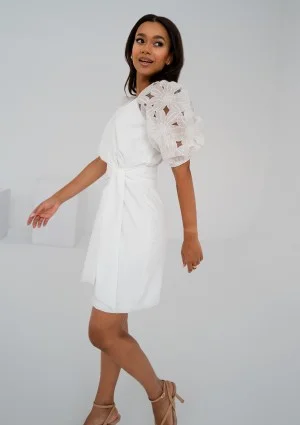 Ariela - Ecru coctail dress with openwork sleeves