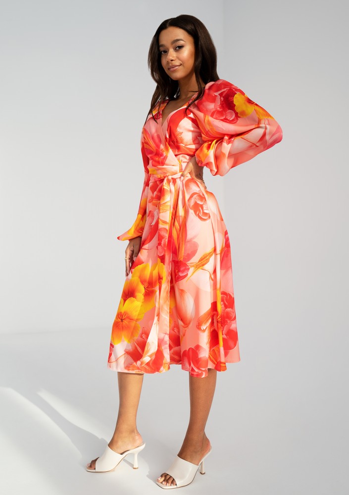 Blanche - Kopertowa sukienka midi Orange Flowers