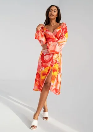 Blanche - Kopertowa sukienka midi Orange Flowers