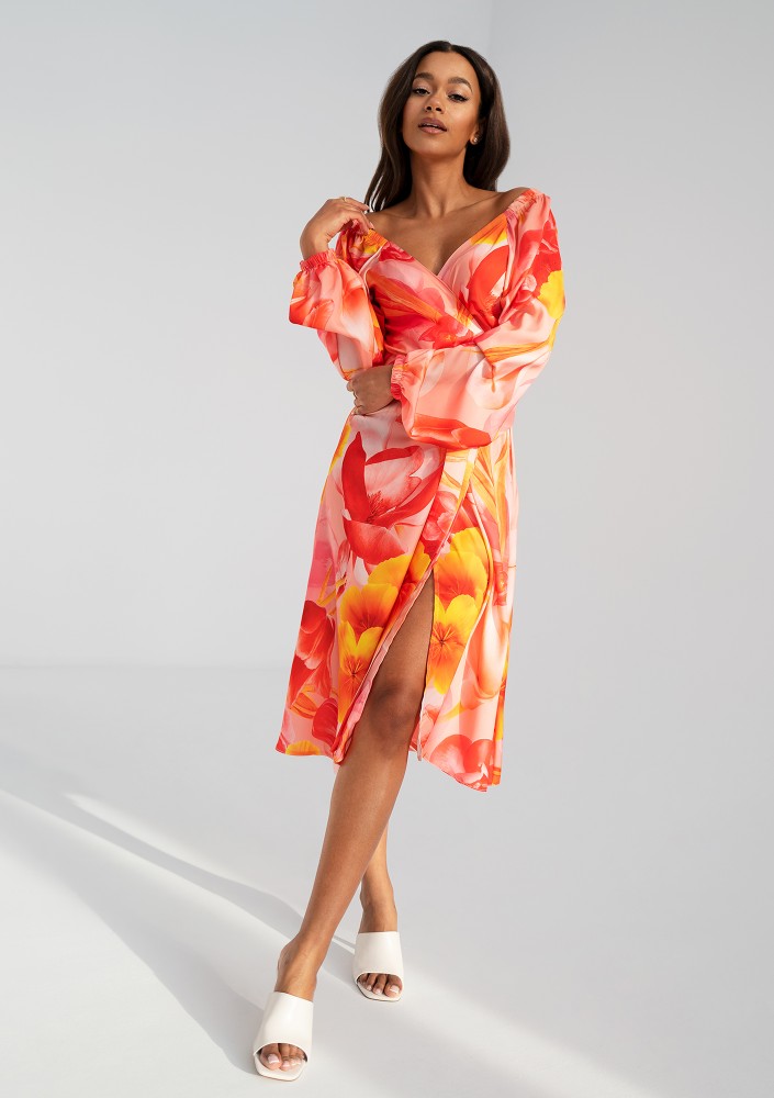Blanche - Orange floral mid-length wrap dress