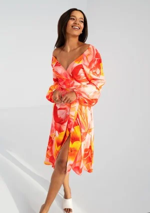 Blanche - Orange floral mid-length wrap dress