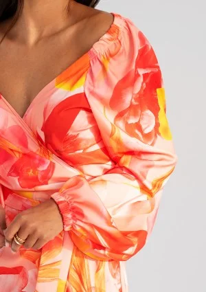Blanche - Orange floral mid-length wrap dress