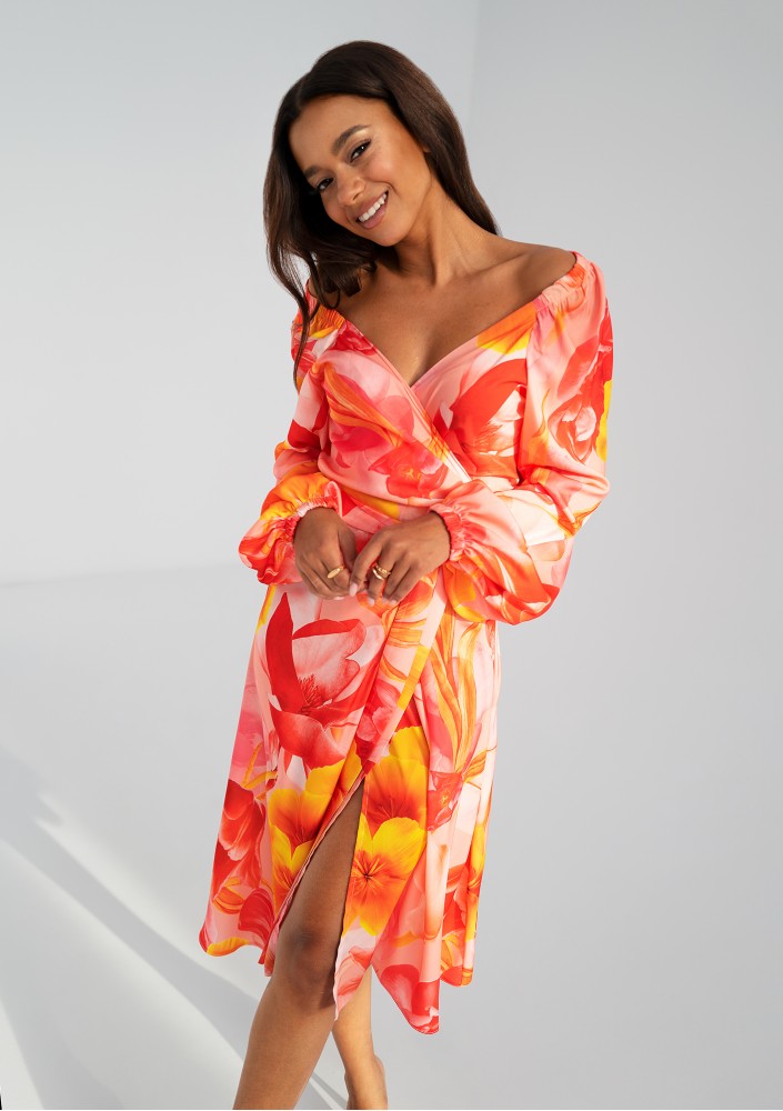 Blanche - Orange floral mid-length wrap dress