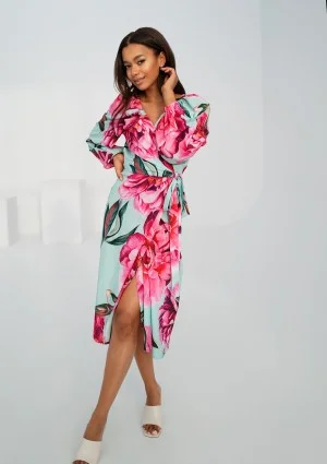 Blanche - Blue peony printed mid-length wrap dress