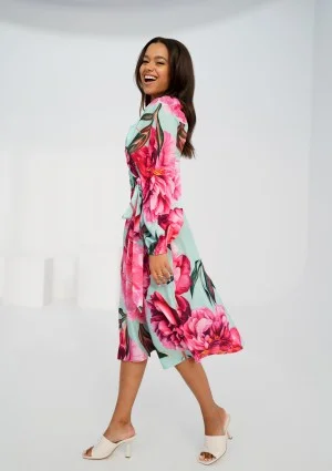 Blanche - Blue peony printed mid-length wrap dress