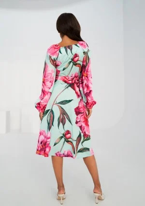 Blanche - Blue peony printed mid-length wrap dress