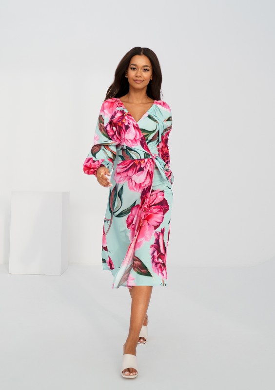 Blanche - Blue peony printed mid-length wrap dress