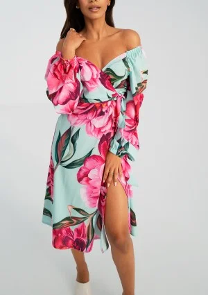 Blanche - Blue peony printed mid-length wrap dress