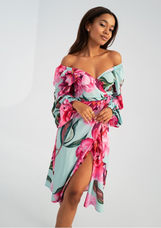 Blanche - Blue peony printed mid-length wrap dress