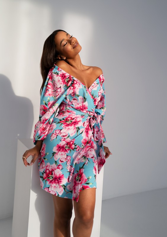 Rosell - Blue peony printed wrap dress