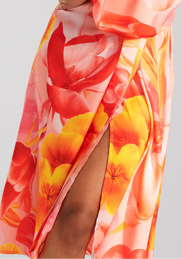 Blanche - Orange floral mid-length wrap dress