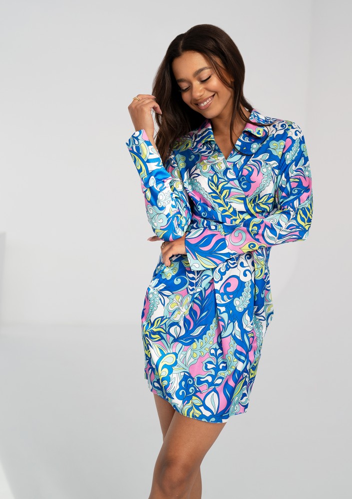 Nita - Blue printed satin mini dress
