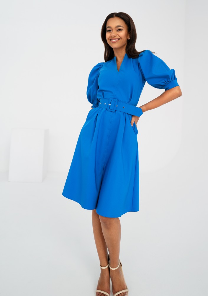 Lindy - Blue mid-length belted dress