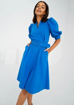Lindy - Blue mid-length belted dress