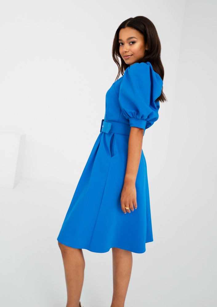Lindy - Blue mid-length belted dress