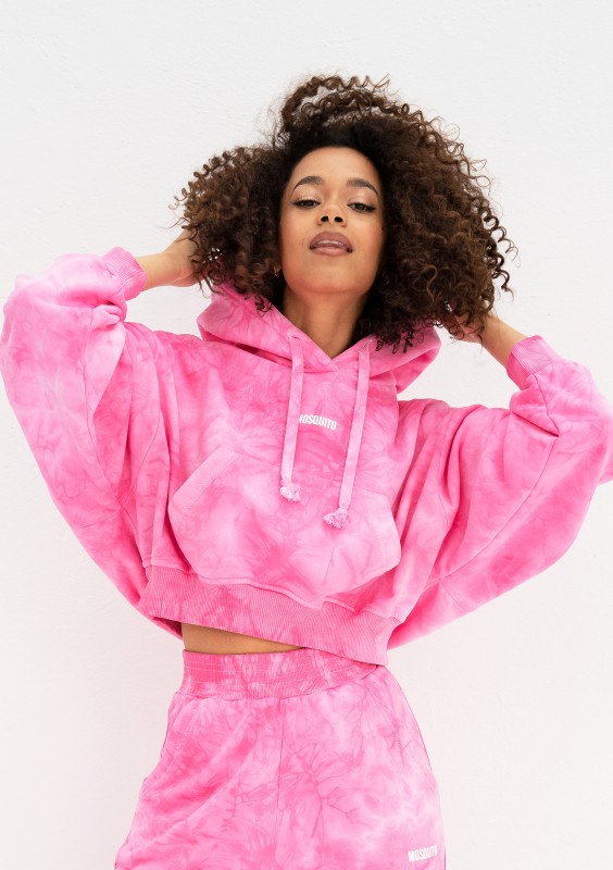 Raffy - Krótka bluza z kapturem tie dye Różowa