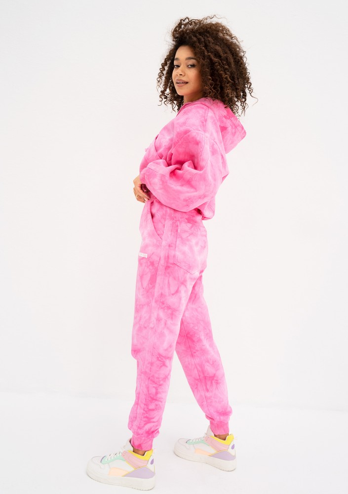 Raffy - Krótka bluza z kapturem tie dye Różowa