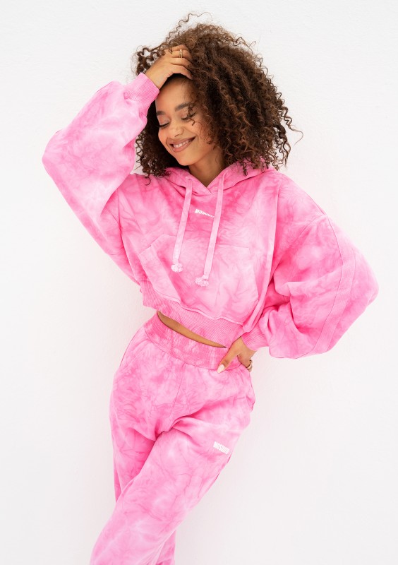 Raffy - Krótka bluza z kapturem tie dye Różowa