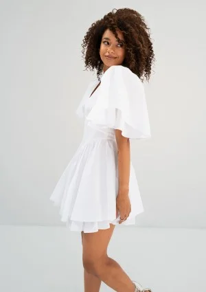 Neyla - Rozkloszowana sukienka mini z bufkami Biała