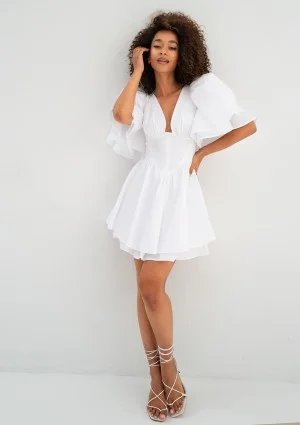Neyla - Rozkloszowana sukienka mini z bufkami Biała